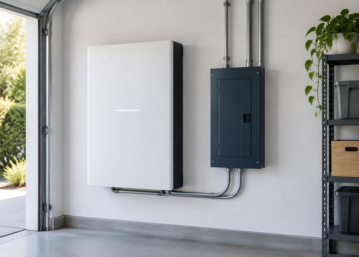 Wall-mounted home battery and electrical sub-panel installed in a clean garage